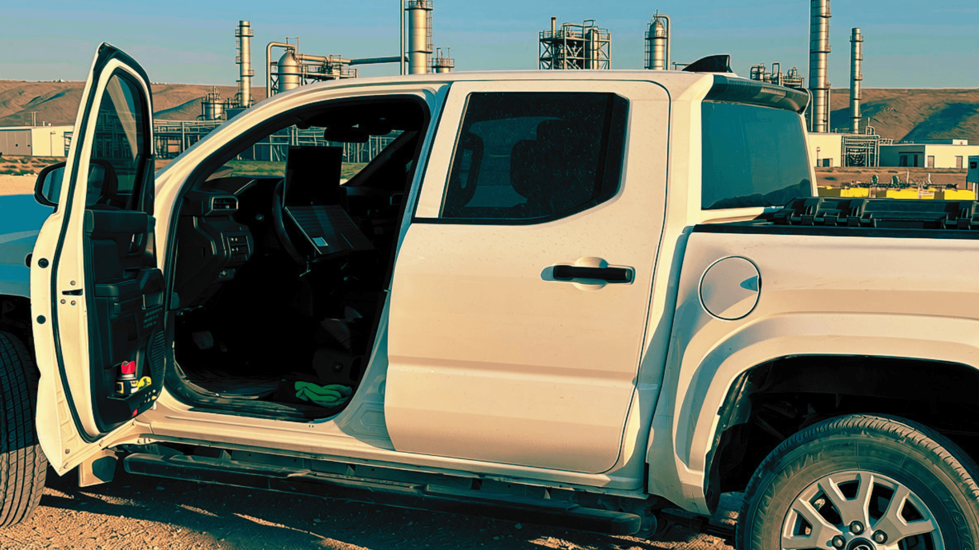 TrayZero supports installed upright on a truck steering wheel in a field-work setting