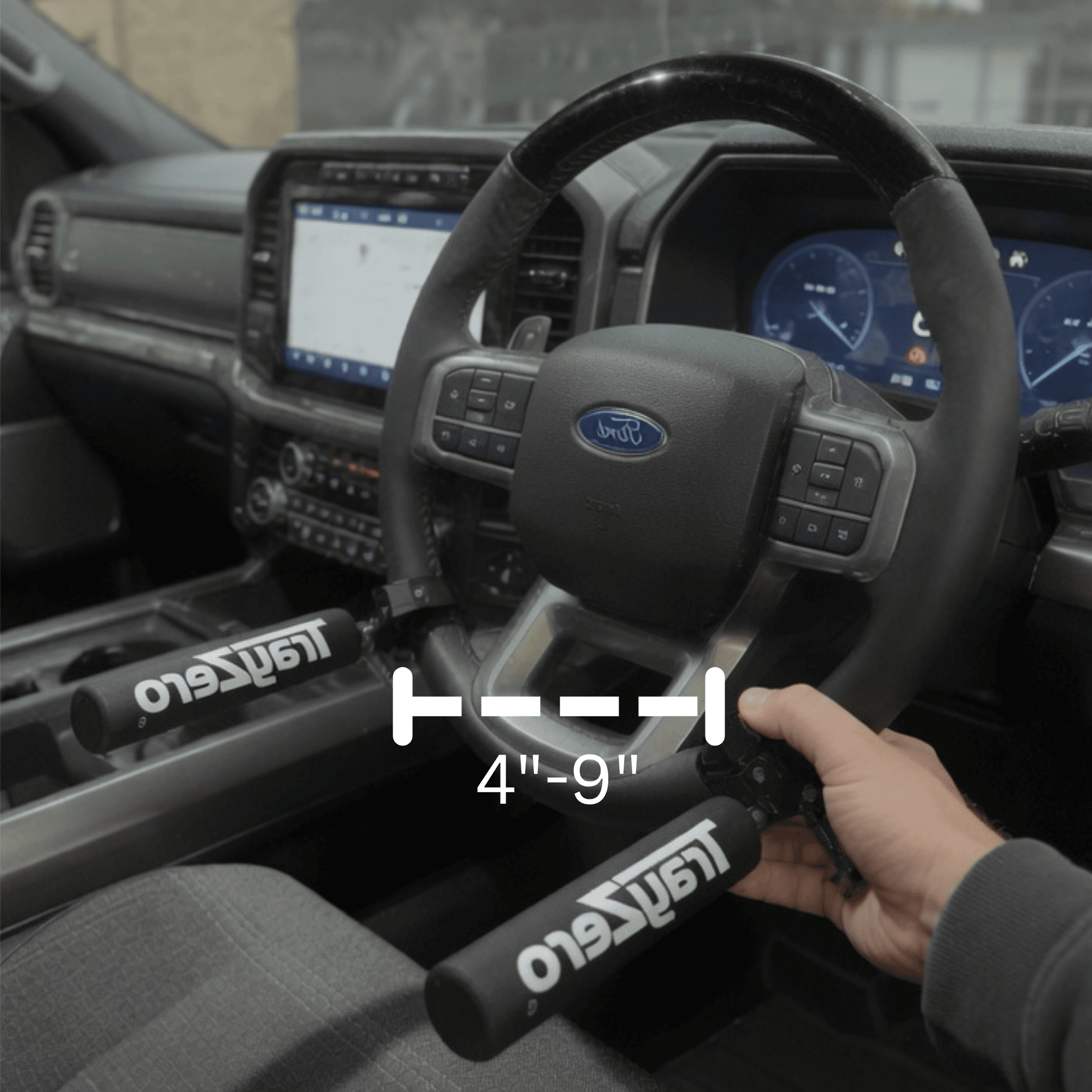 TrayZero supports positioned on a steering wheel with adjustable spacing shown between 4 and 9 inches
