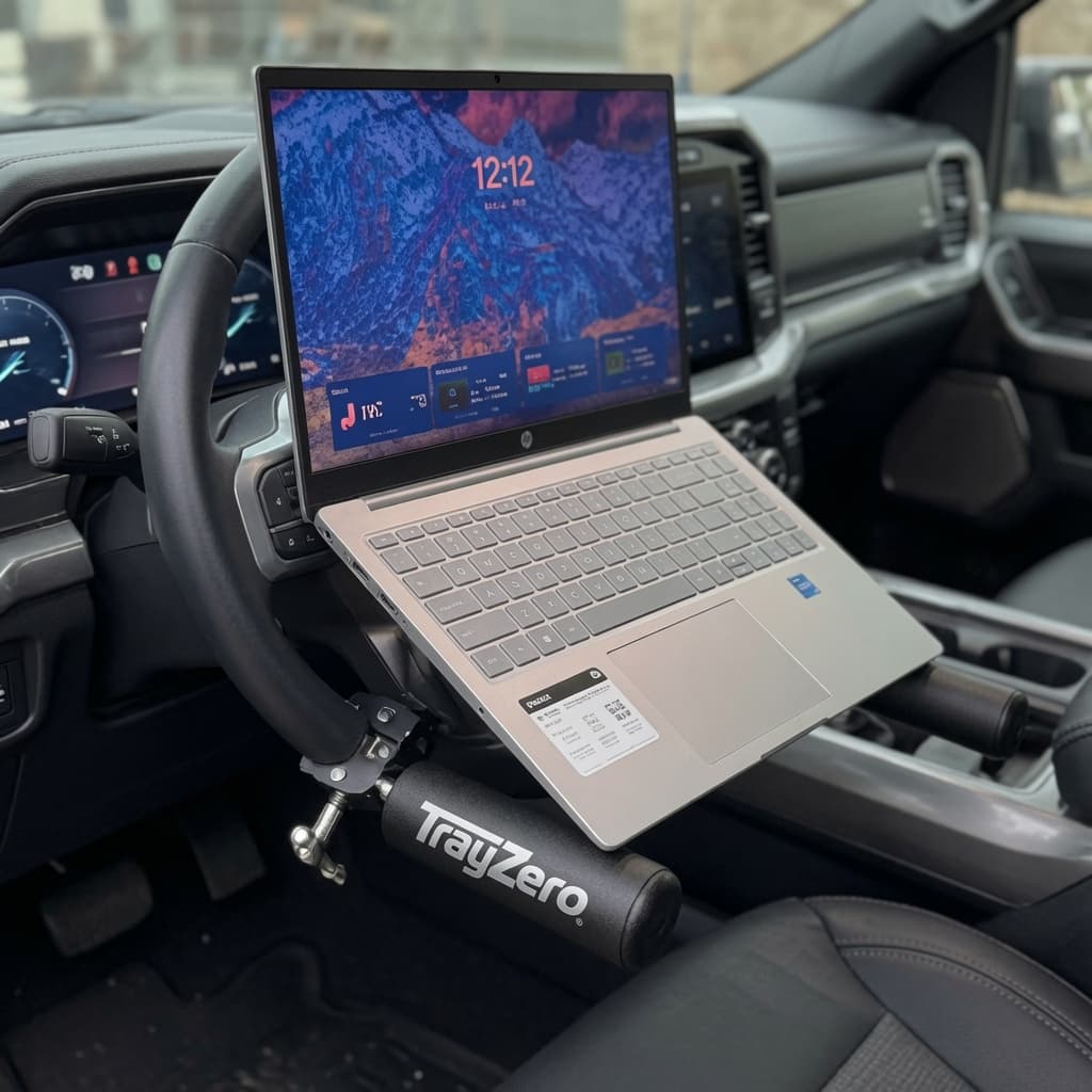TrayZero installed on a steering wheel as a laptop workspace in a truck cab